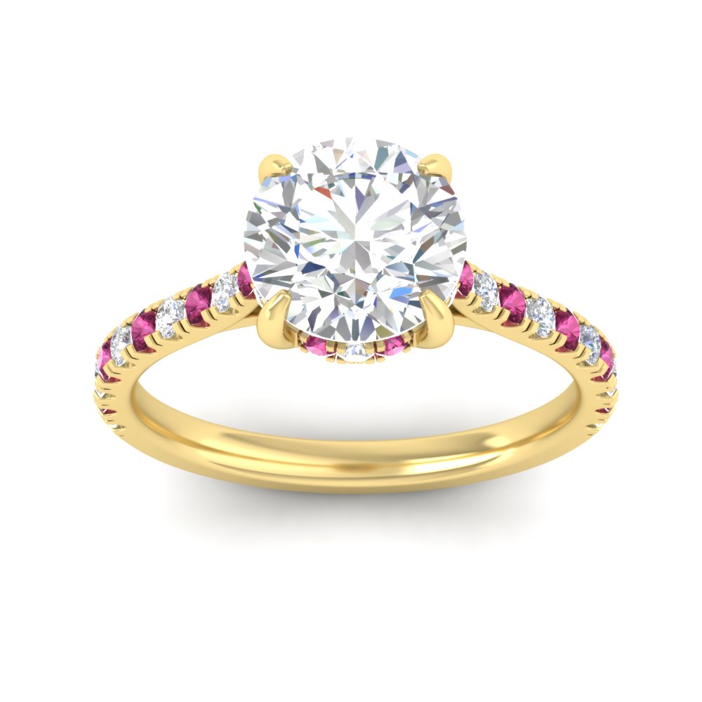 Round Shaped  Hidden Halo Pave Set Diamond Ring with Pink Sapphire 14K Yellow Gold