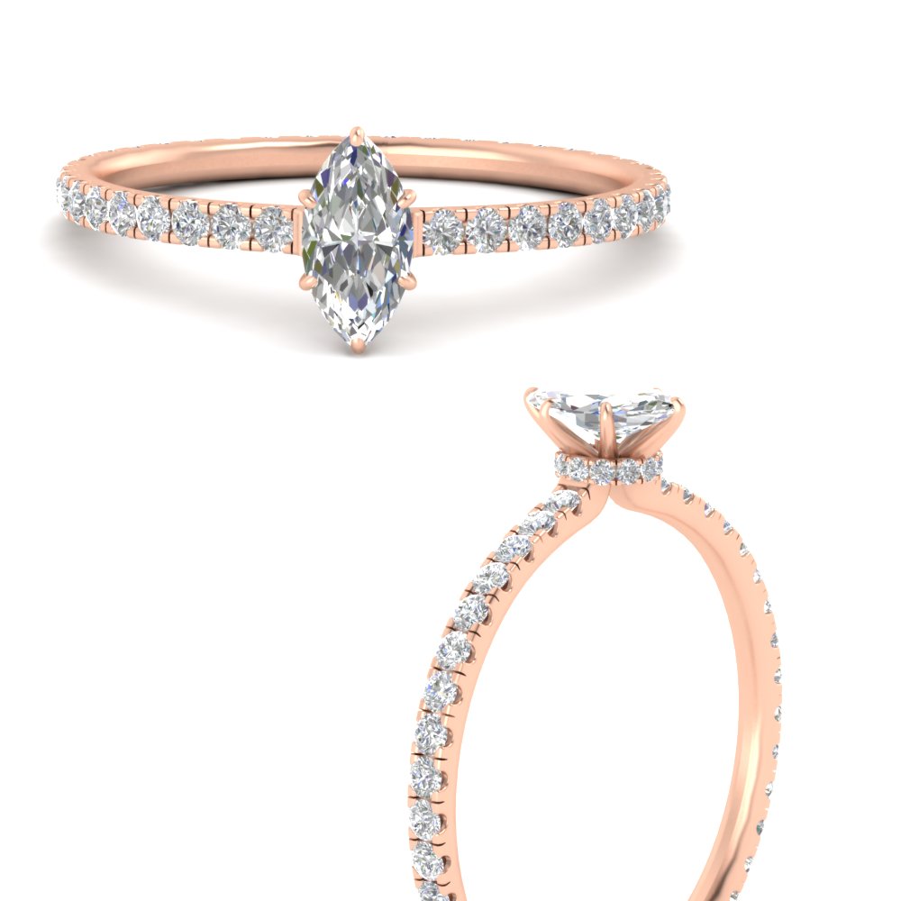 1 Ct. Marquise Cut Diamond Hidden Halo Ring with 14K Rose Gold White Diamond