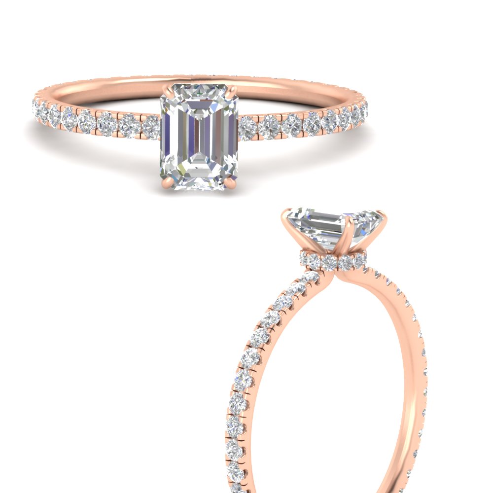 1 Ct. Emerald Hidden Halo Eternity Diamond Engagement Ring with 14K Rose Gold White Diamond