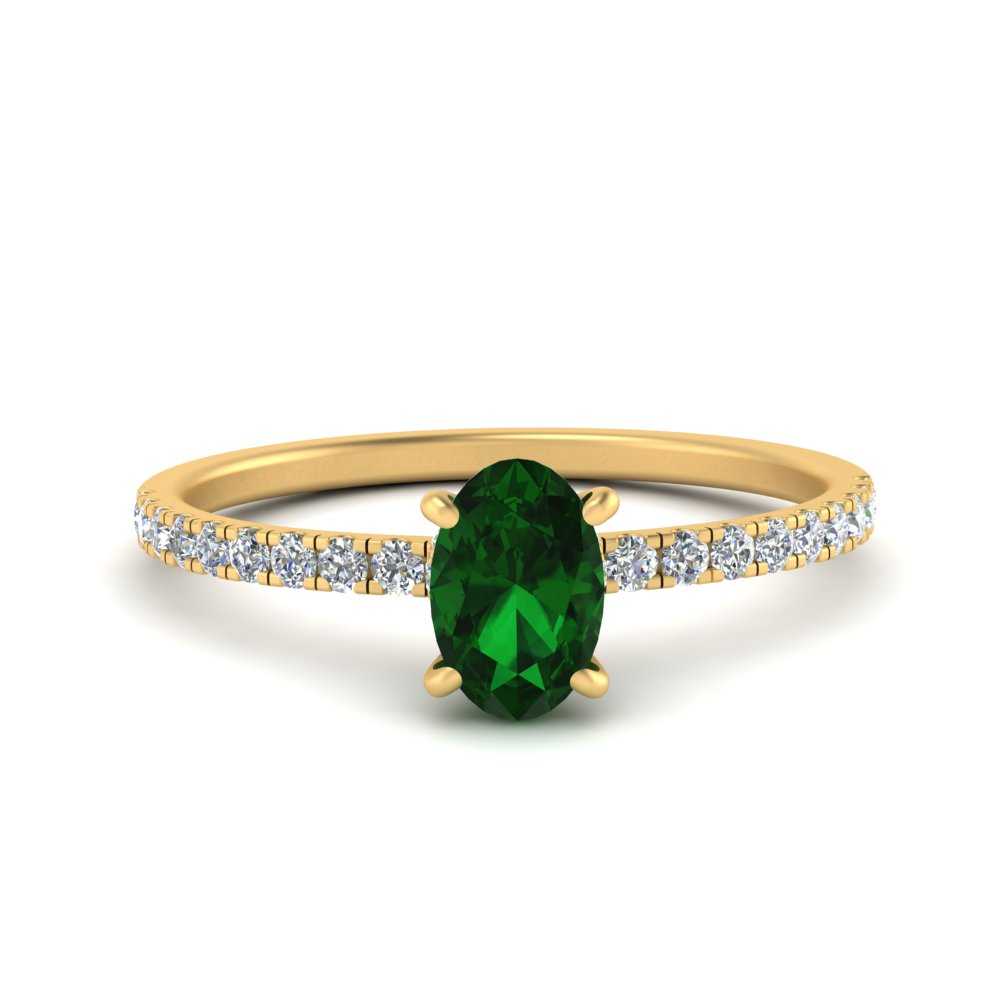 Oval Gemstone And Diamond Under Halo Ring with Green Emerald in 14K Yellow Gold