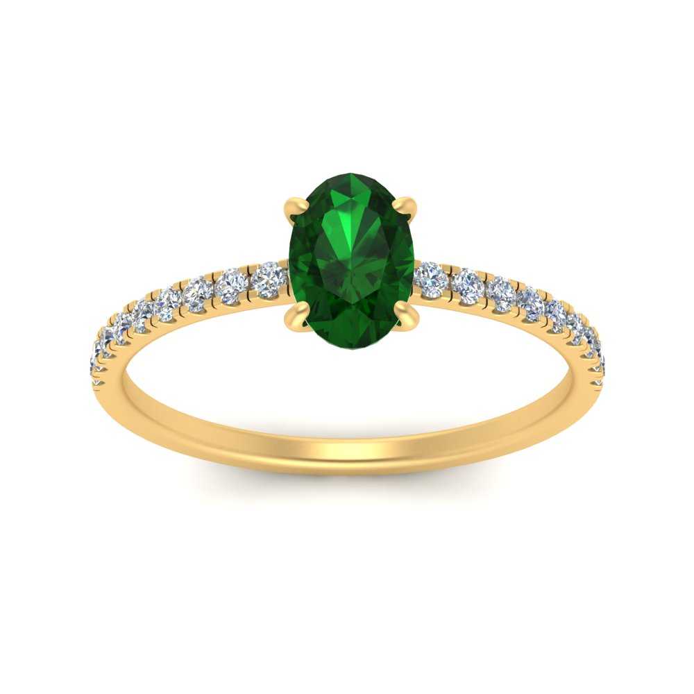 Oval Gemstone And Diamond Under Halo Ring with Green Emerald in 14K Yellow Gold