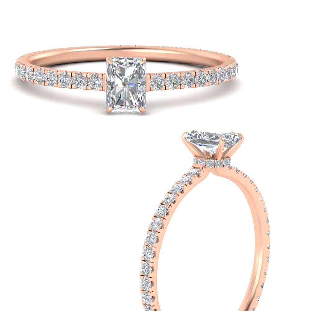 Radiant Cut 1 Carat Diamond Hidden Halo Ring with 14K Rose Gold White Diamond