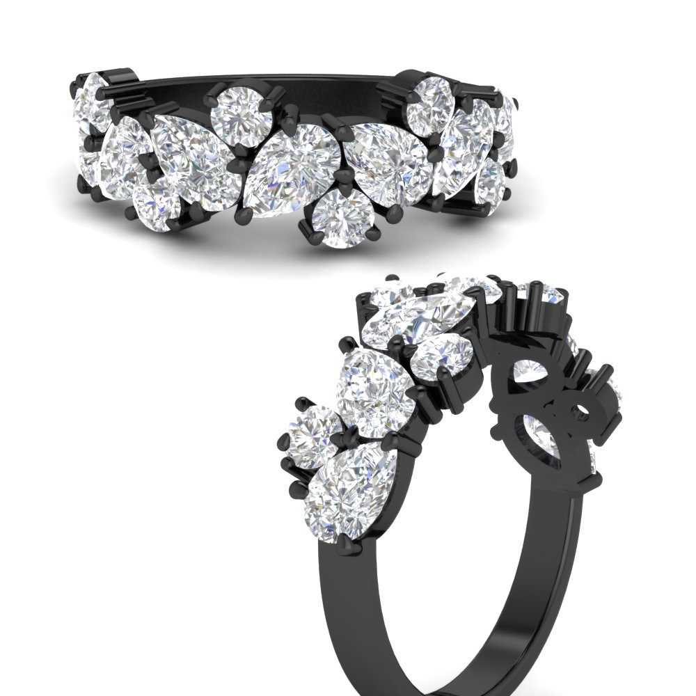 2 Carat Pear And Round Diamond Black Ring Band with 14K Black Gold White Diamond