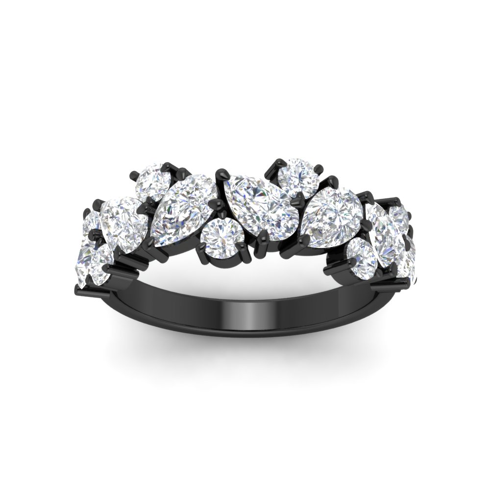2 Carat Pear And Round Diamond Black Ring Band with 14K Black Gold White Diamond