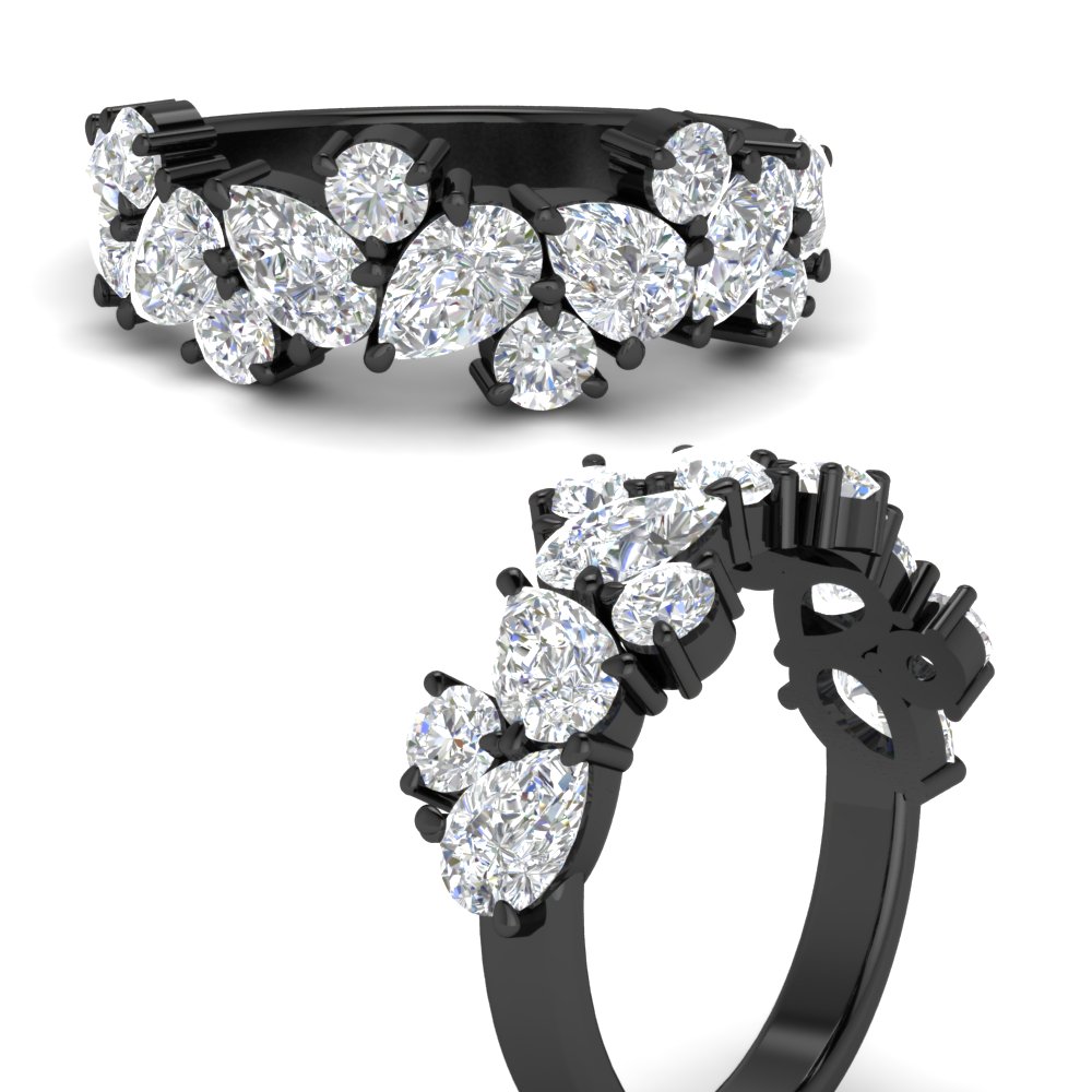 3 Carat Alternative Pear And Round Black Band Ring with 14K Black Gold White Diamond