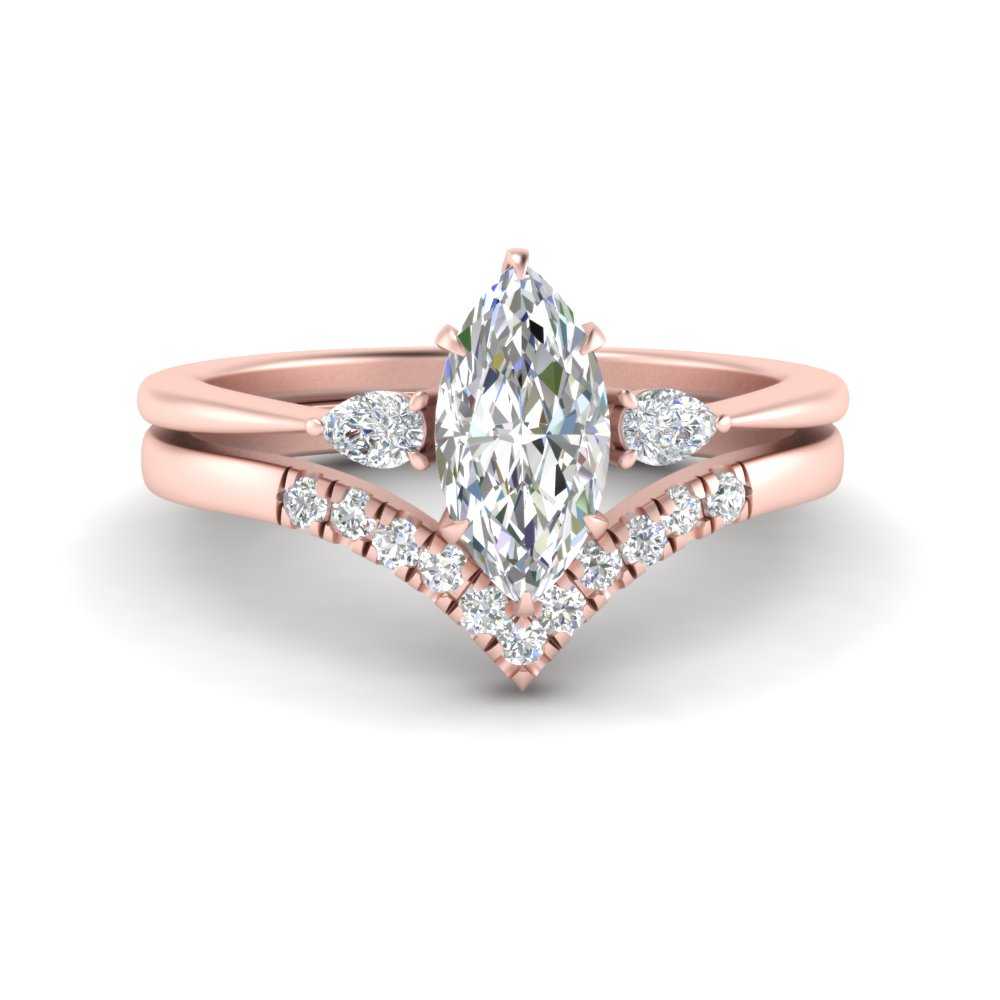 Lab Diamond Pear Accent 3 Stone Marquise Bridal Set In 14K Rose Gold