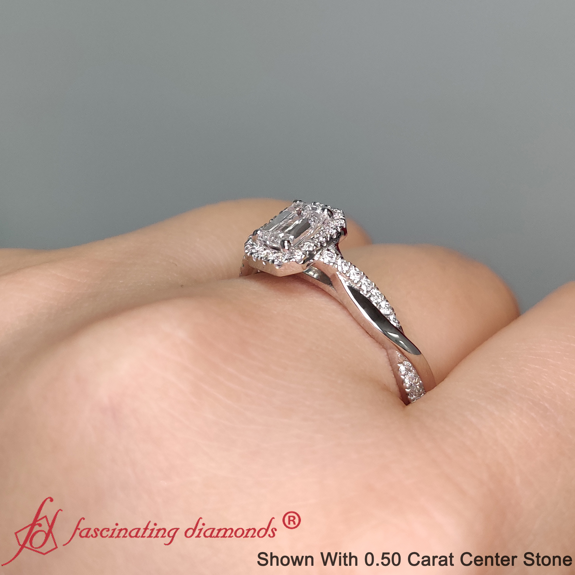 Emerald Cut Lab Diamond Twisted Halo Wedding Ring with 14K White Gold White Diamond