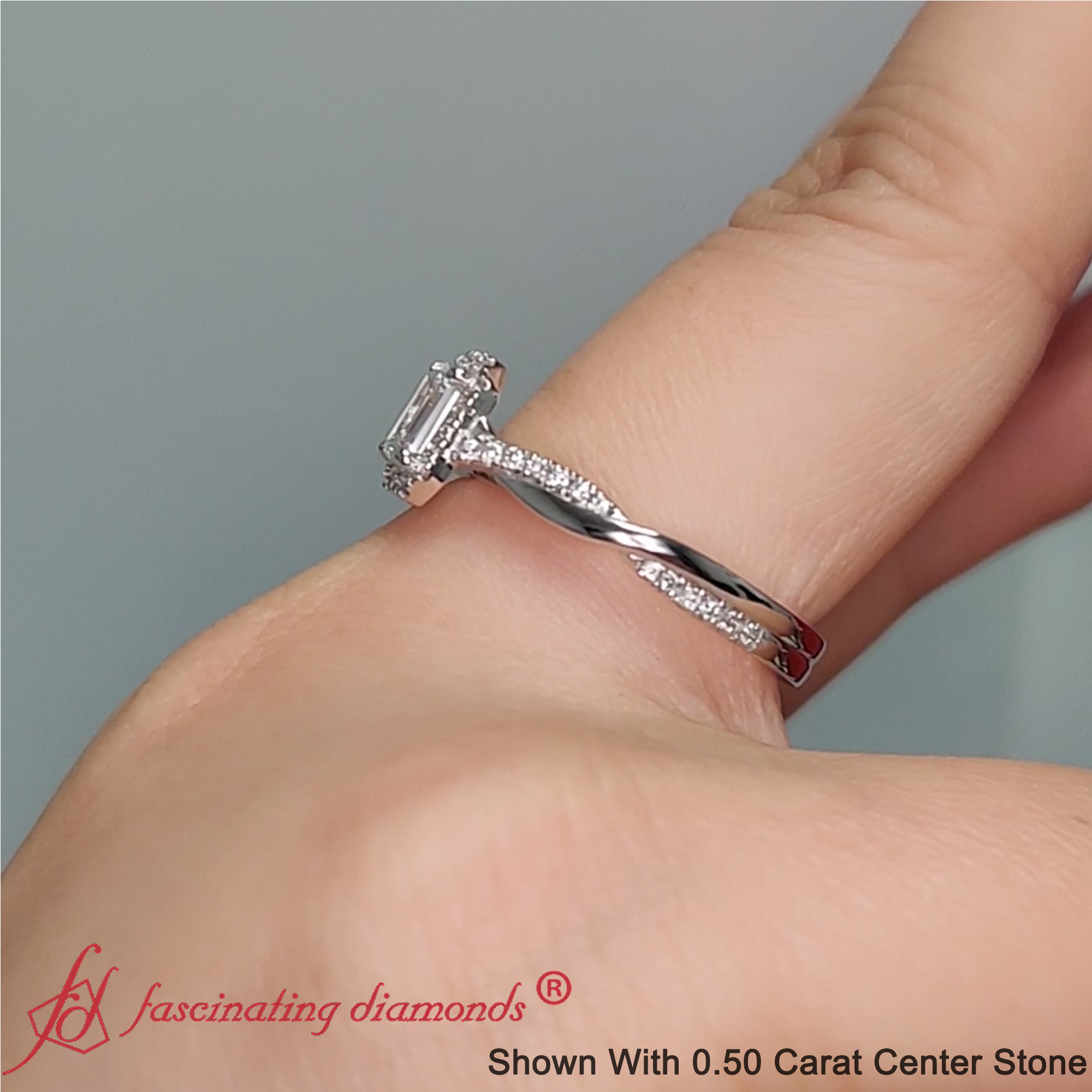 Emerald Cut Lab Diamond Twisted Halo Wedding Ring with 14K White Gold White Diamond