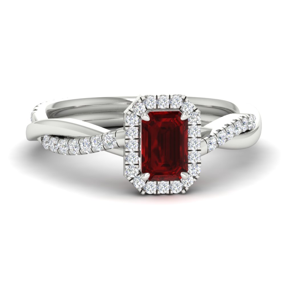 14k White Gold Oval Ruby and Diamond Halo Twist Ring 14k White Gold Oval Ruby and Diamond Halo Twist Ring