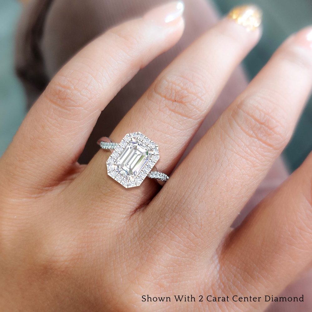 Vine Emerald Cut Halo Moissanite Diamond Engagement Ring In 14K White 