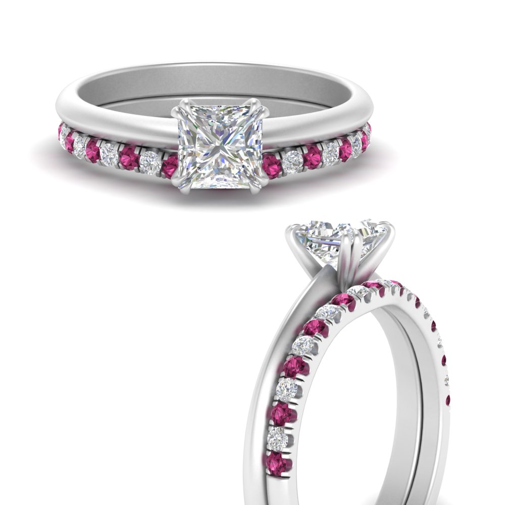 Princess Cut 2 Row Diamond Engagement Ring With Pink Sapphire In 18K White  Gold