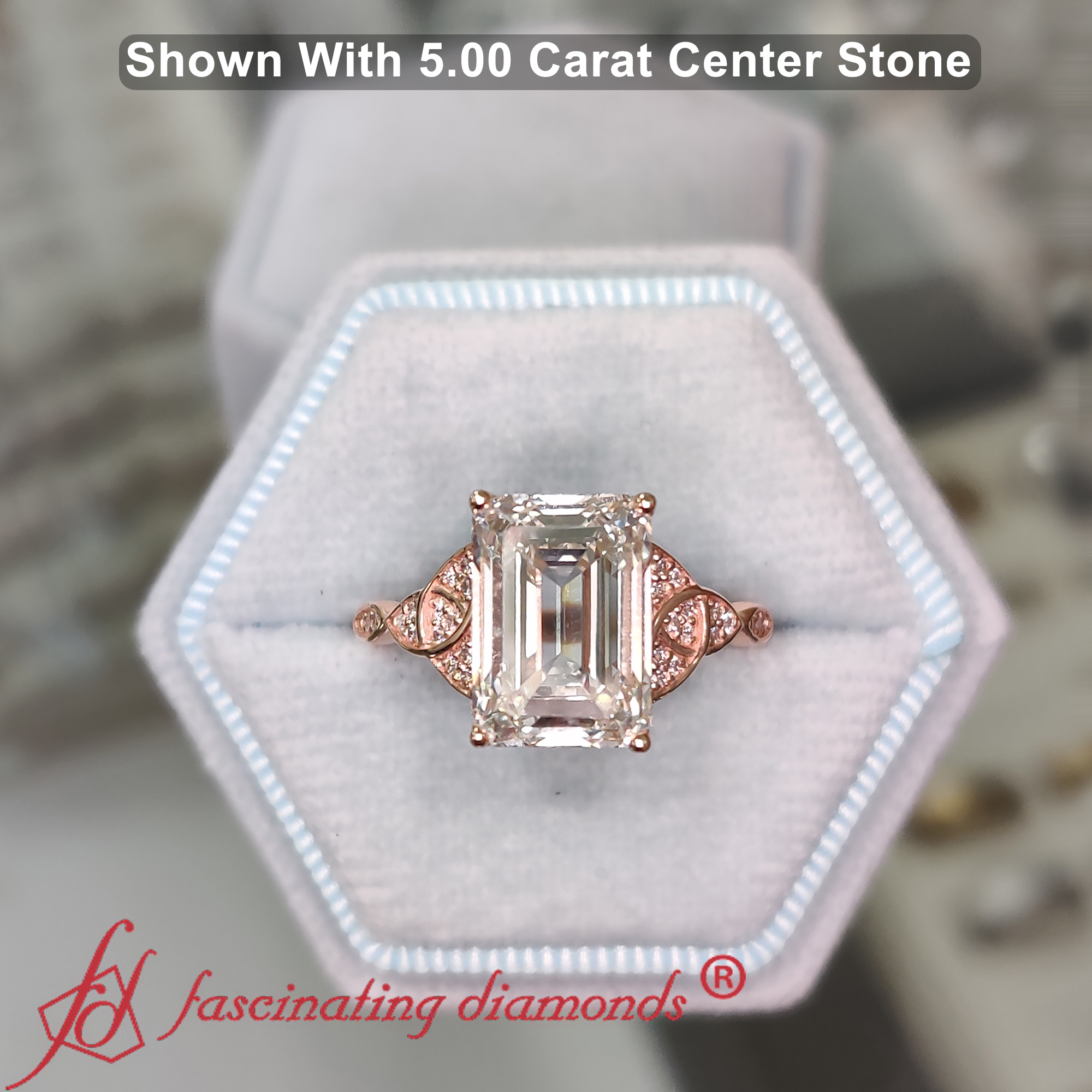 5 Carat Emerald Cut Lab Diamond Big Celtic Ring with 14K Rose Gold White Diamond