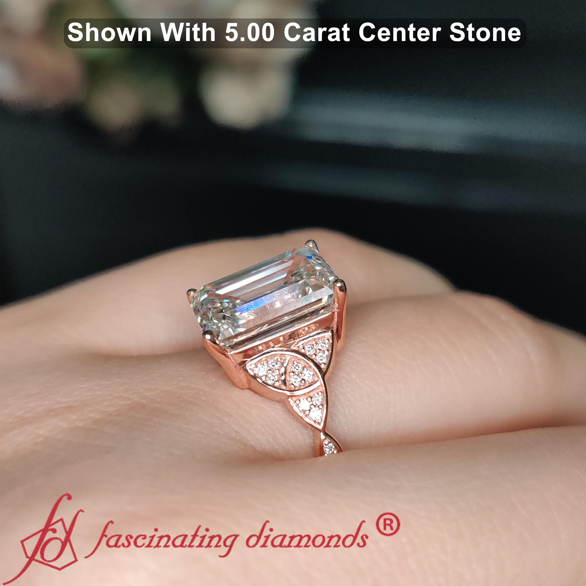 5 Carat Emerald Cut Lab Diamond Big Celtic Ring with 14K Rose Gold White Diamond