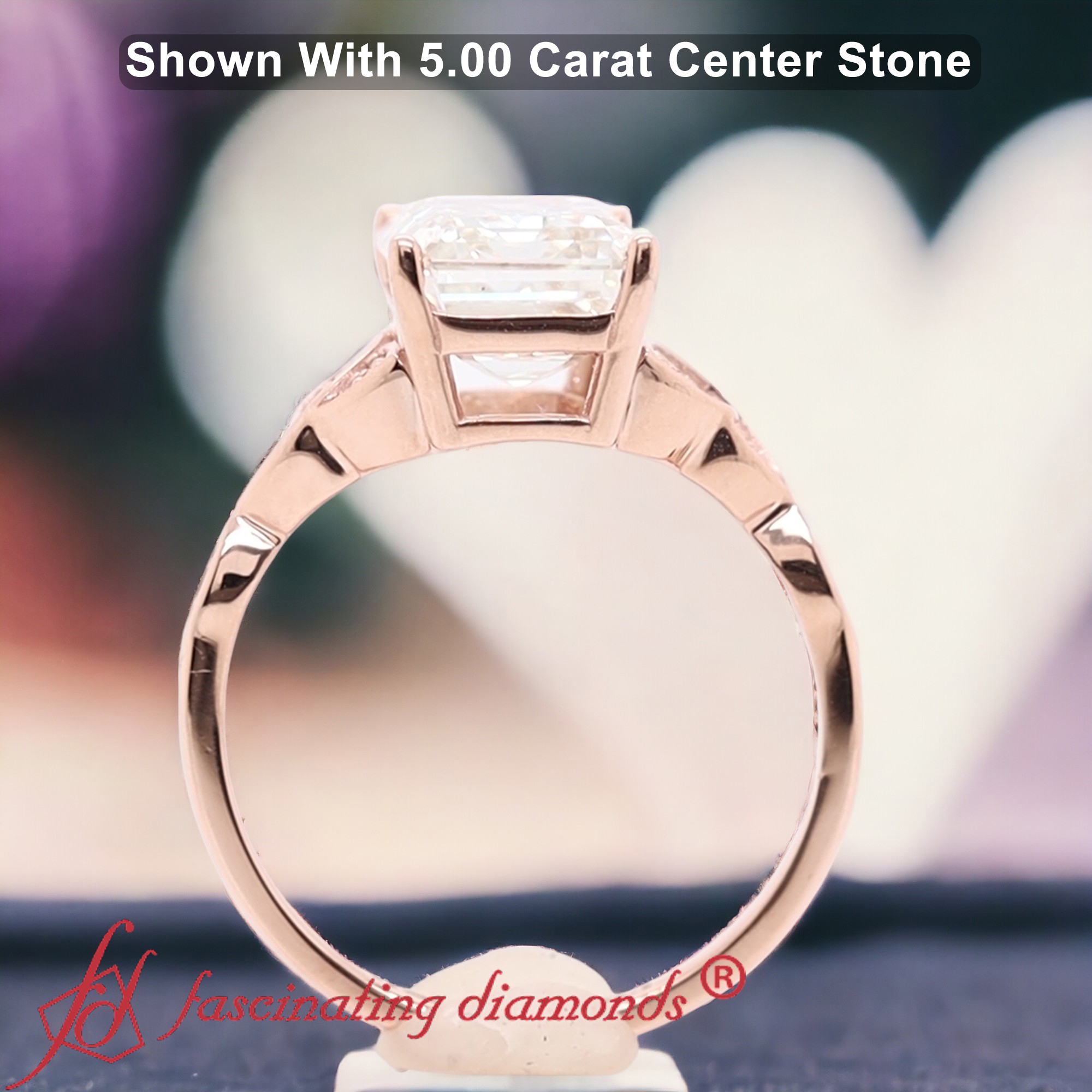 5 Carat Emerald Cut Lab Diamond Big Celtic Ring with 14K Rose Gold White Diamond
