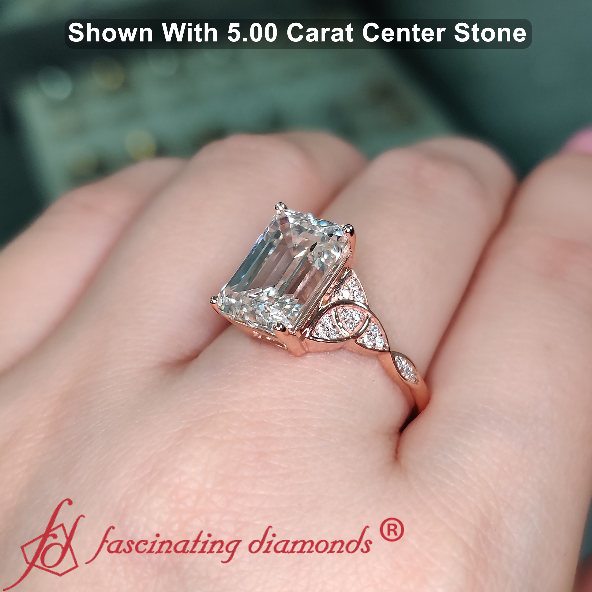 5 Carat Emerald Cut Lab Diamond Big Celtic Ring with 14K Rose Gold White Diamond