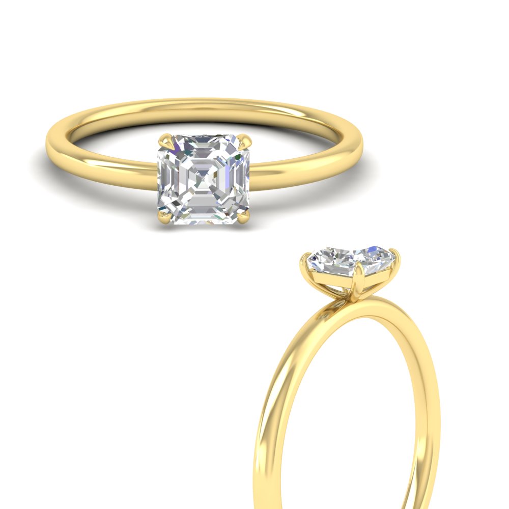 Asscher Cut 1 Carat Solitaire Diamond Ring with 14K Yellow Gold White Diamond