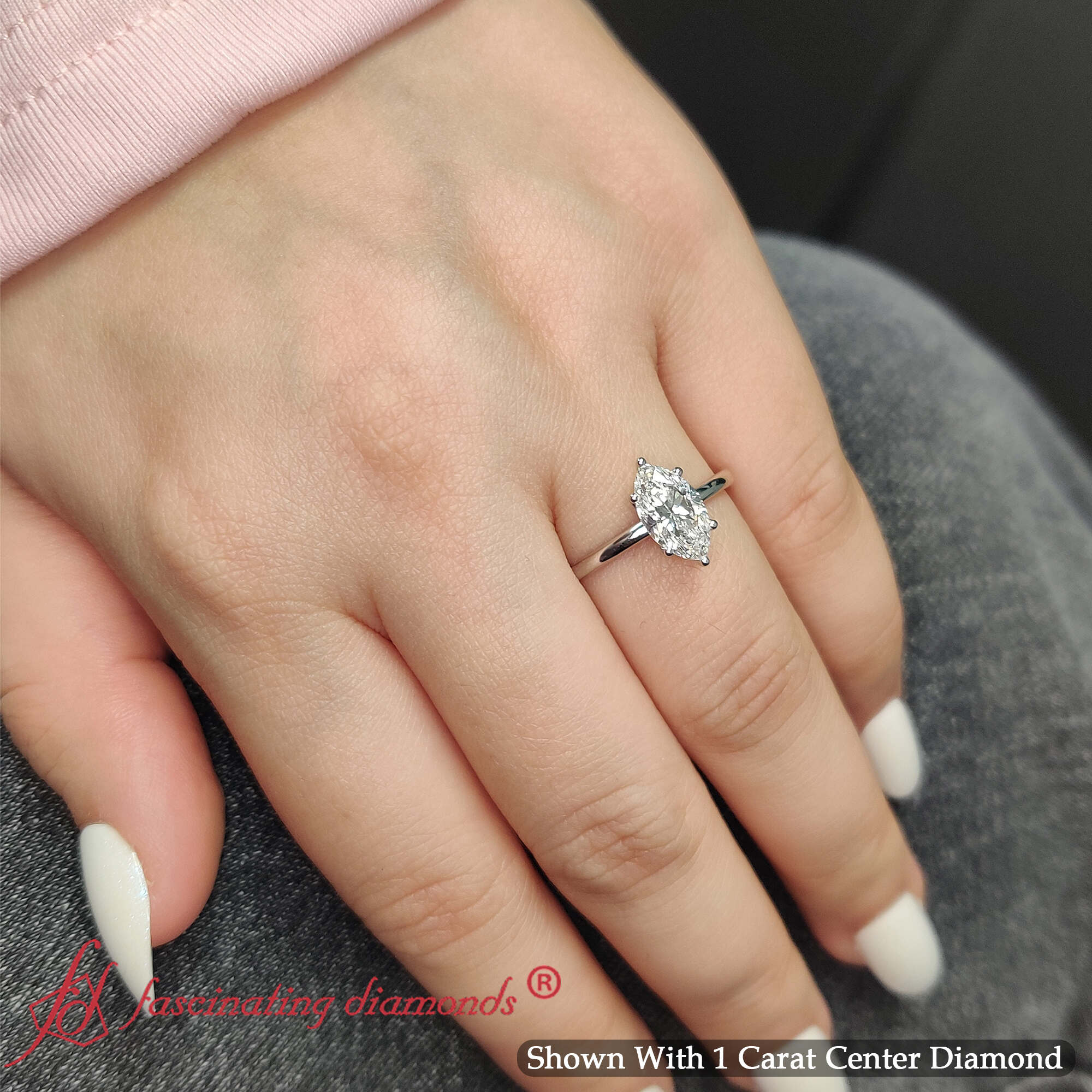 1 Carat Marquise Comfort Fit Solitaire Ring with 14K White Gold White Diamond