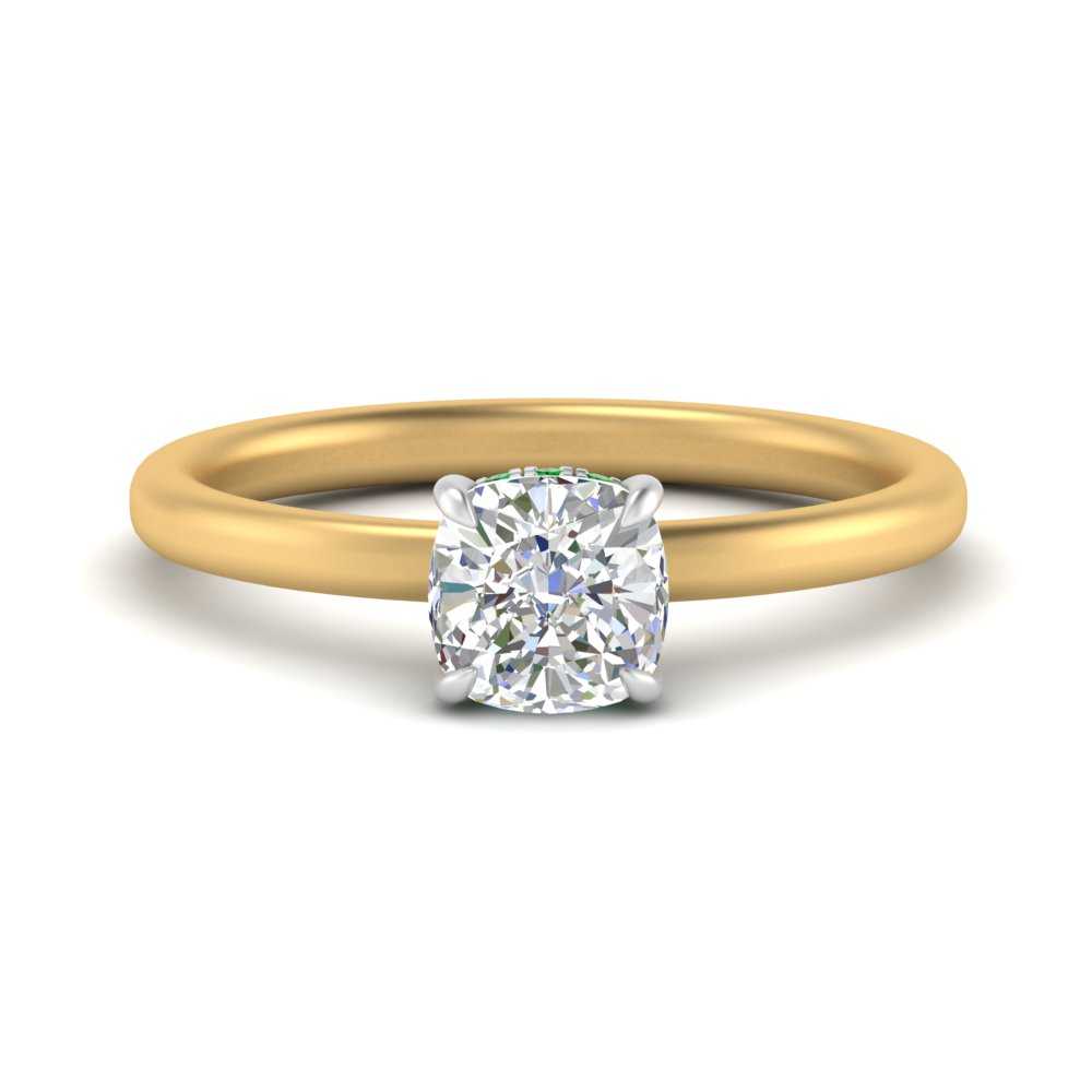 Two Tone Under Halo Cushion Cut Engagement Ring with 14K Yellow Gold Green Emerald