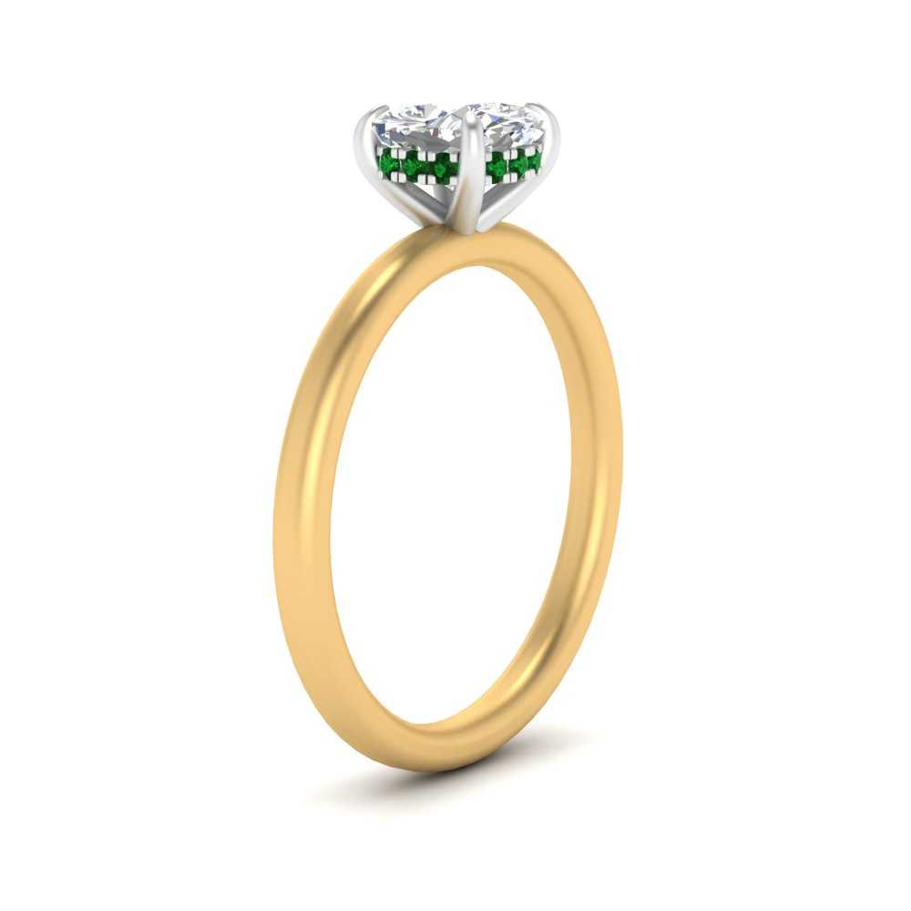 Two Tone Under Halo Cushion Cut Engagement Ring with 14K Yellow Gold Green Emerald