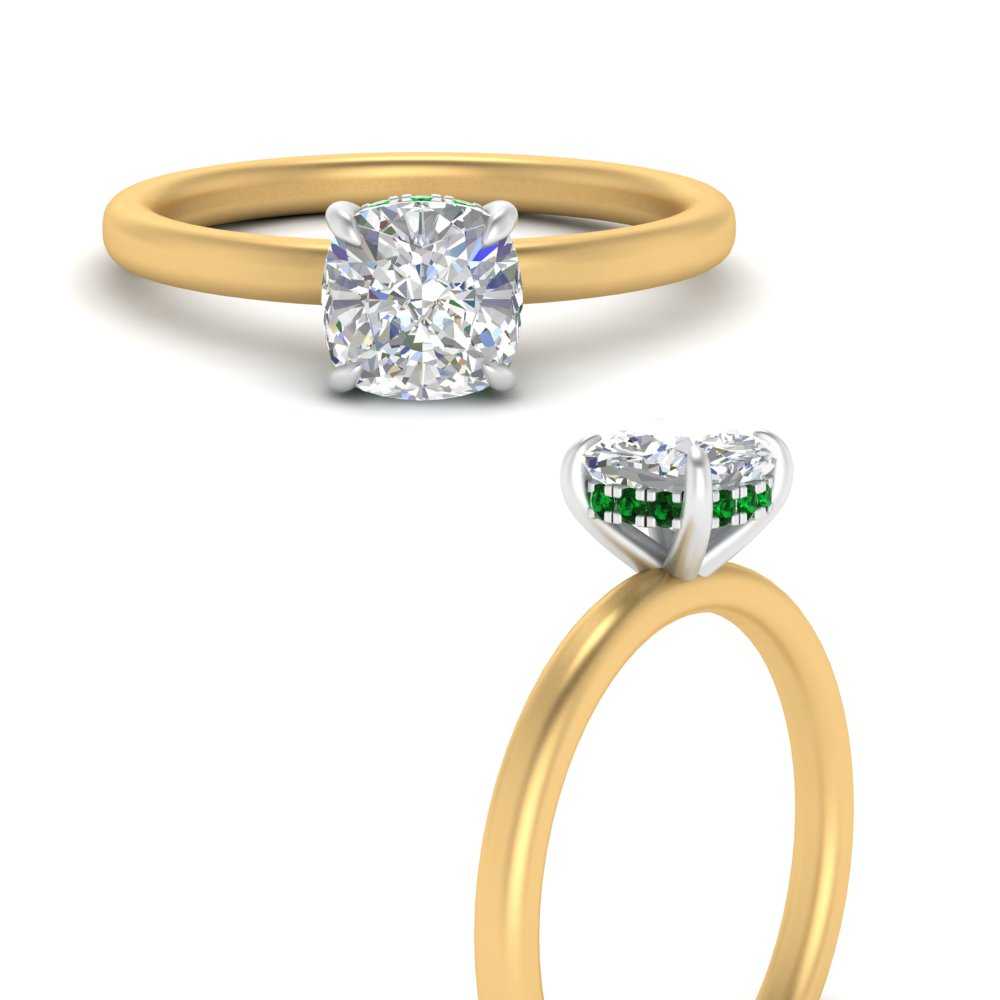 Two Tone Under Halo Cushion Cut Engagement Ring with 14K Yellow Gold Green Emerald