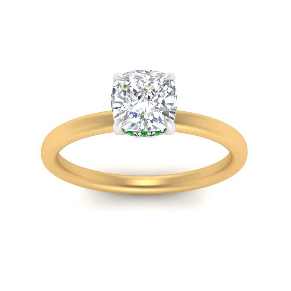 Two Tone Under Halo Cushion Cut Engagement Ring with 14K Yellow Gold Green Emerald