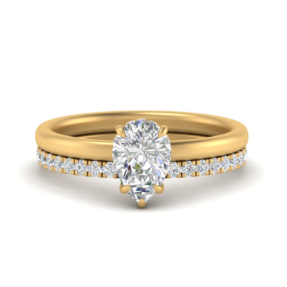 Pear Shaped Hidden Halo Engagement Ring Set with White Diamond in 14K Yellow Gold