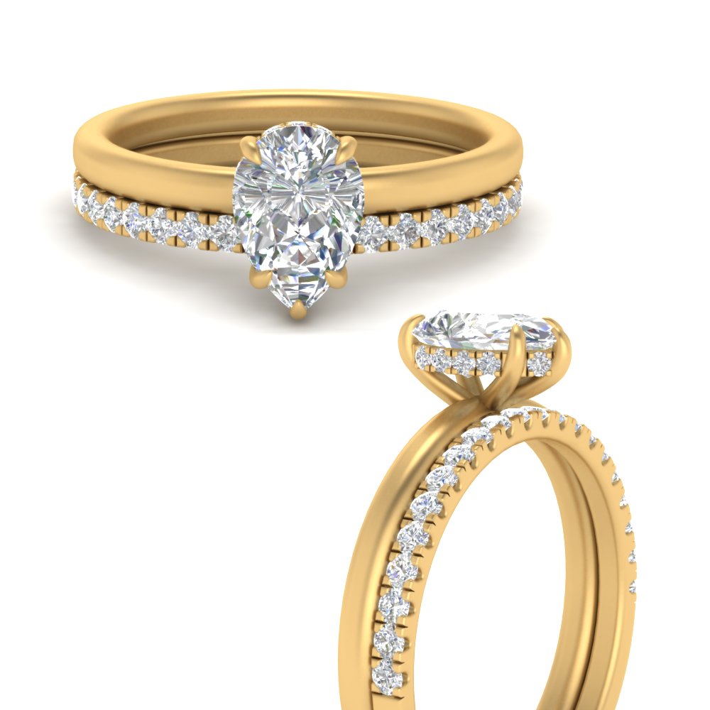 Pear Shaped Hidden Halo Engagement Ring Set with White Diamond in 14K Yellow Gold