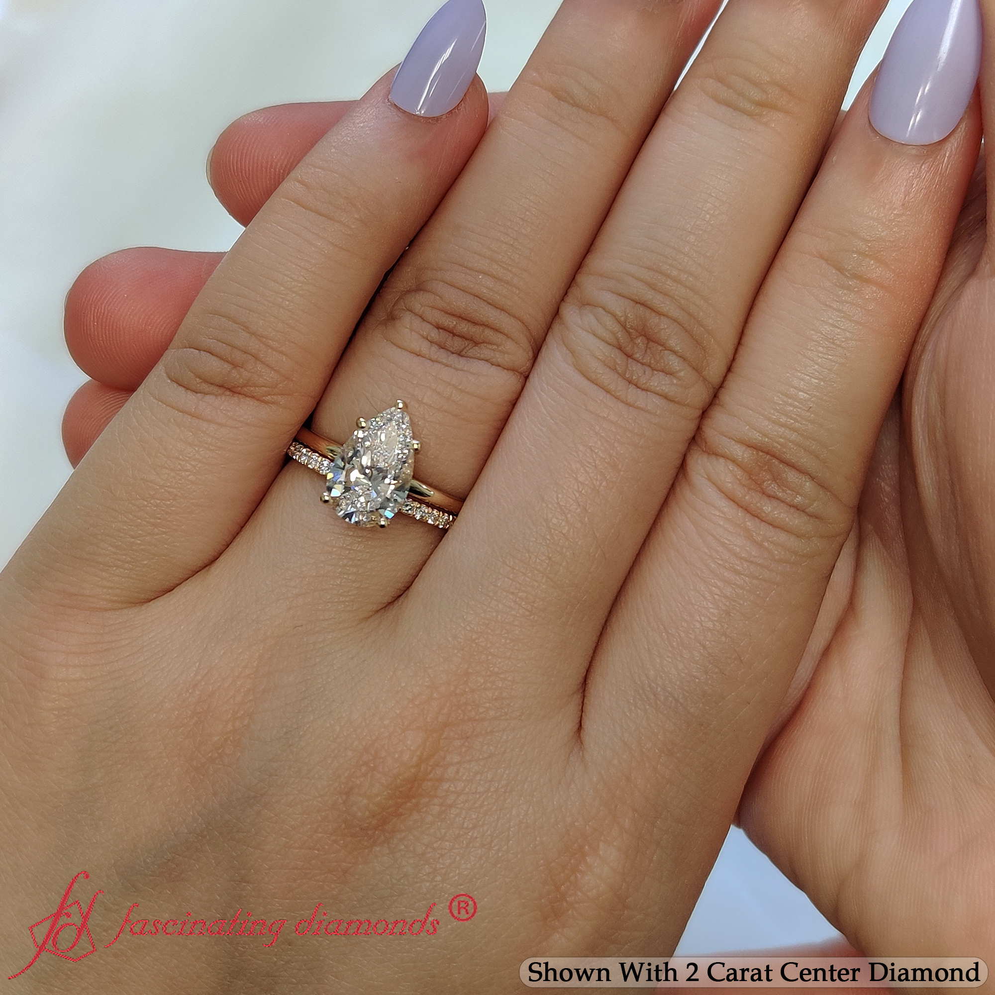 Pear Shaped Hidden Halo Engagement Ring Set with White Diamond in 14K Yellow Gold