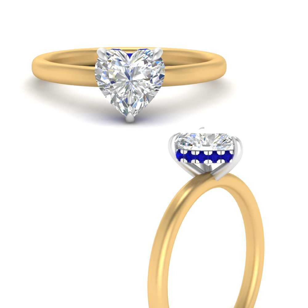 Heart Shaped Half Carat Under Halo Wedding Ring with 14K Yellow Gold Blue Sapphire