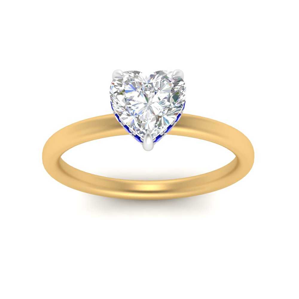 Heart Shaped Half Carat Under Halo Wedding Ring with 14K Yellow Gold Blue Sapphire