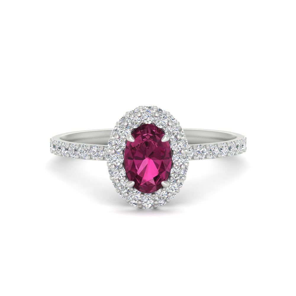 Thin Gemstone Halo Engagement Ring with 14K White Gold Pink Sapphire