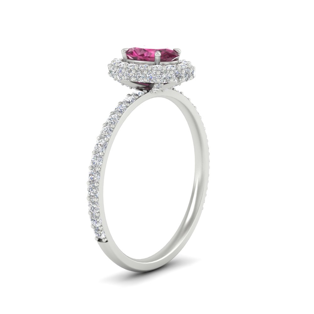 Thin Gemstone Halo Engagement Ring with 14K White Gold Pink Sapphire