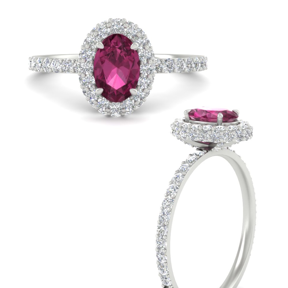 Thin Gemstone Halo Engagement Ring with 14K White Gold Pink Sapphire