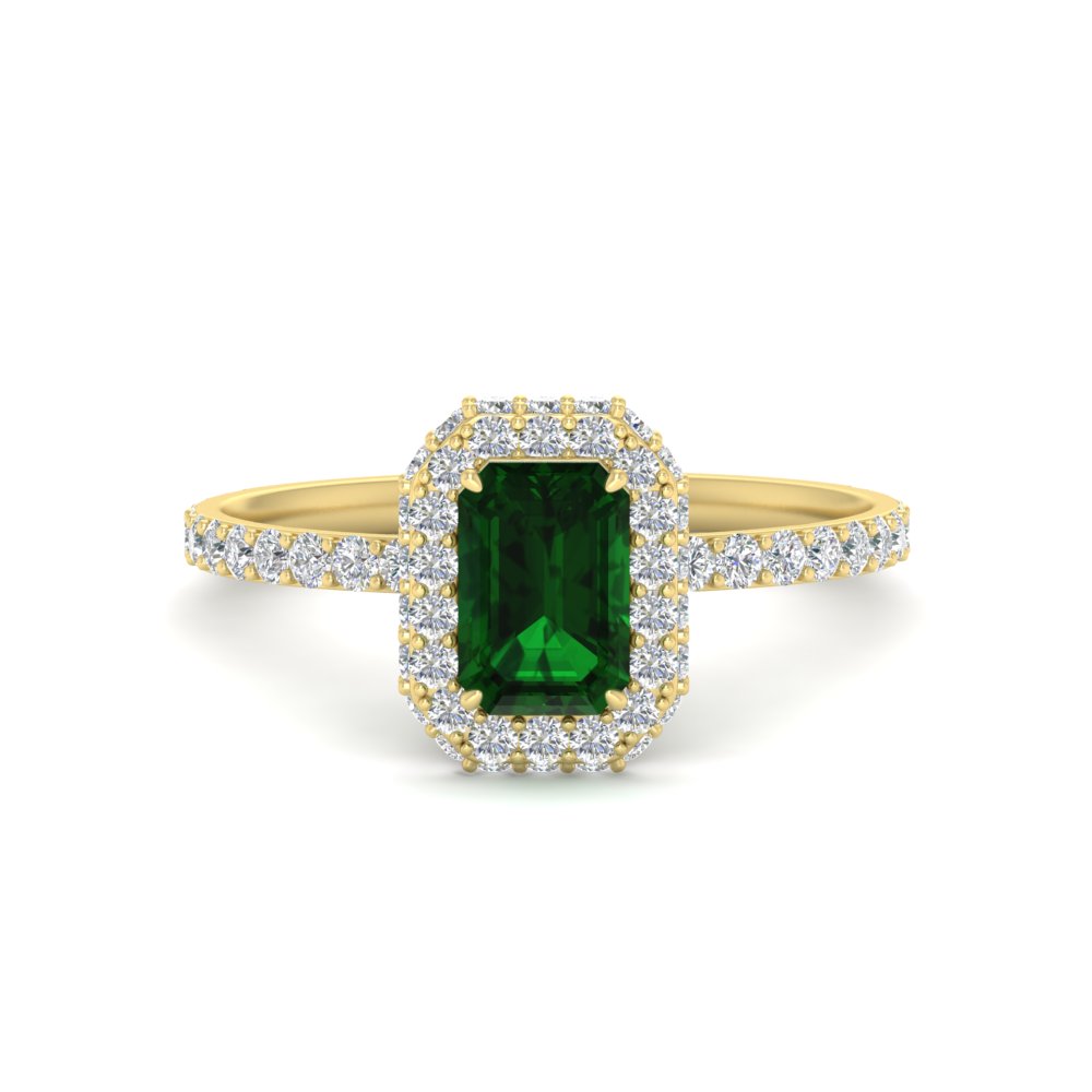 Simple Diamond And Gemstone Halo Ring with 14K Yellow Gold Green Emerald