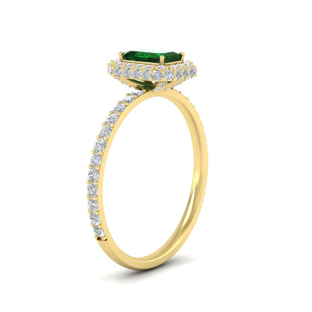 Simple Diamond And Gemstone Halo Ring with 14K Yellow Gold Green Emerald