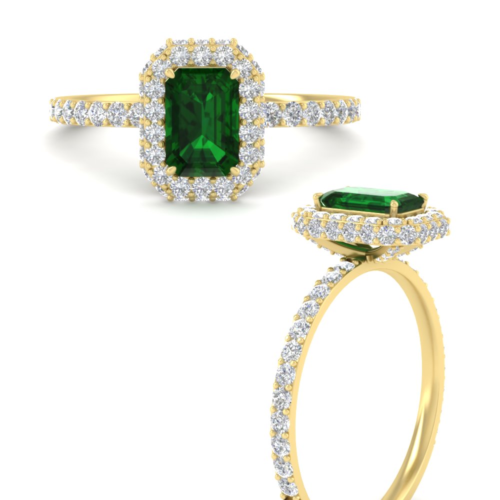 Simple Diamond And Gemstone Halo Ring with 14K Yellow Gold Green Emerald