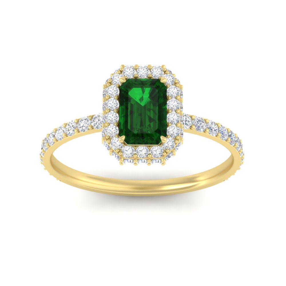 Simple Diamond And Gemstone Halo Ring with 14K Yellow Gold Green Emerald