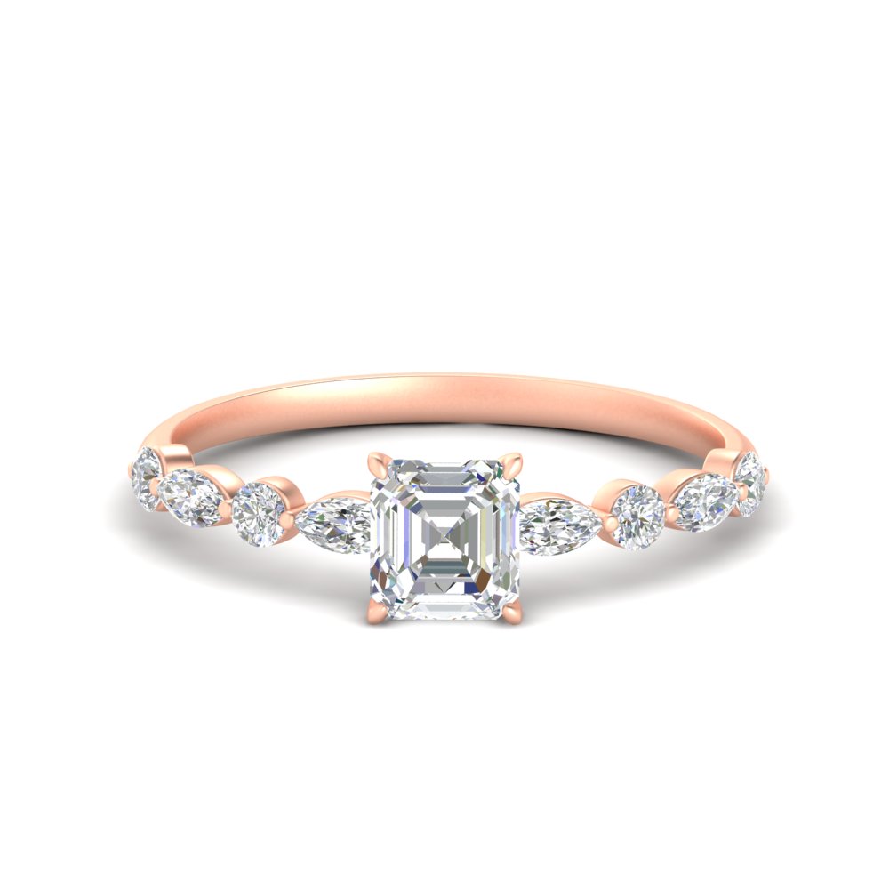 Asscher Cut Prong Diamond Ring with 14K Rose Gold White Diamond