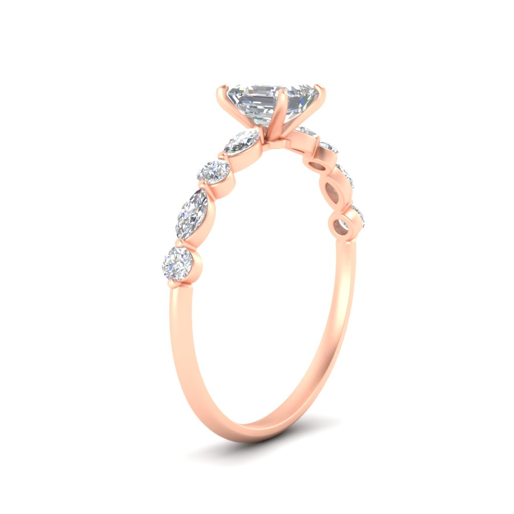 Asscher Cut Prong Diamond Ring with 14K Rose Gold White Diamond