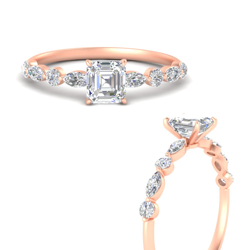 Asscher Cut Prong Diamond Ring with 14K Rose Gold White Diamond