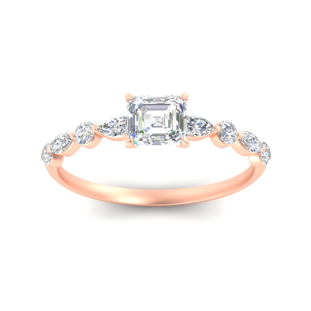 Asscher Cut Prong Diamond Ring with 14K Rose Gold White Diamond