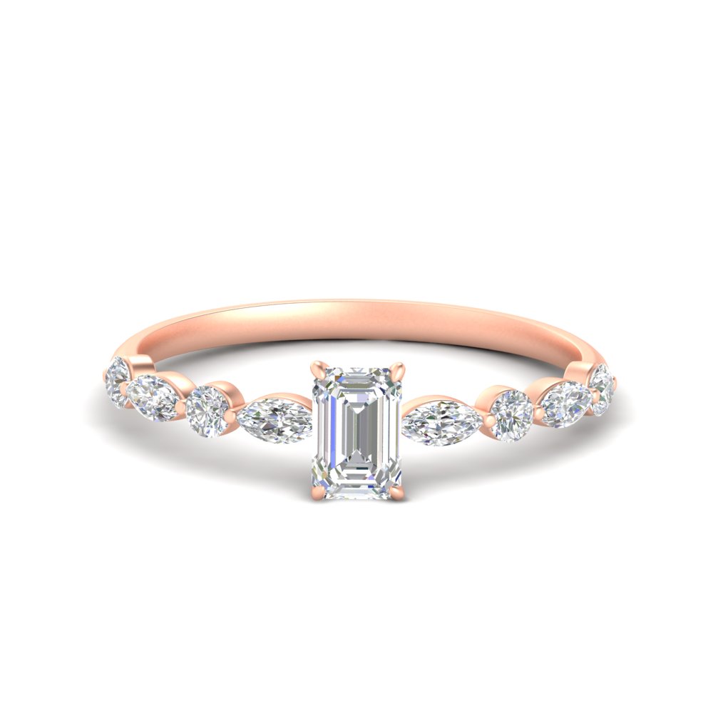 Emerald Cut Beautiful Diamond Ring with 14K Rose Gold White Diamond