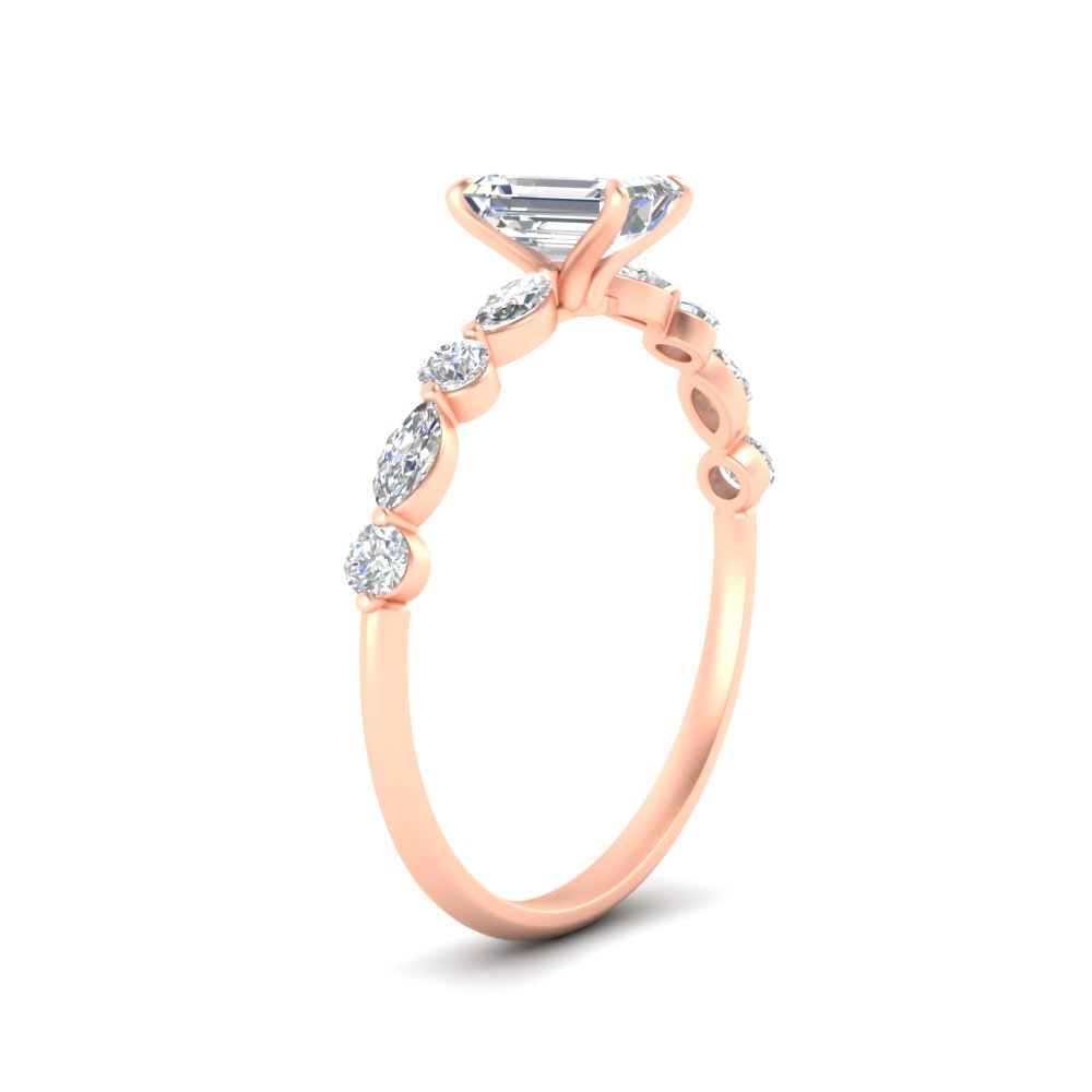 Emerald Cut Beautiful Diamond Ring with 14K Rose Gold White Diamond