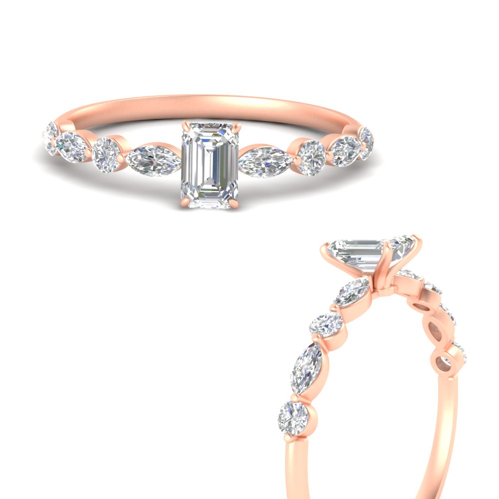 Emerald Cut Beautiful Diamond Ring with 14K Rose Gold White Diamond