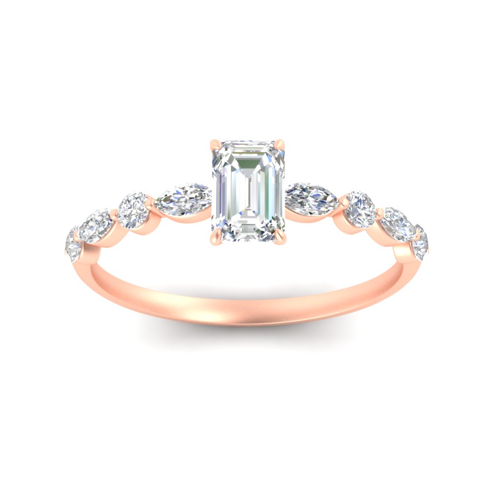 Emerald Cut Beautiful Diamond Ring with 14K Rose Gold White Diamond
