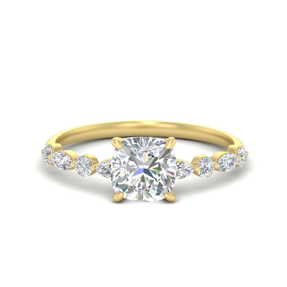 1 Carat Elegant Cushion Cut Diamond Ring with 14K Yellow Gold White Diamond