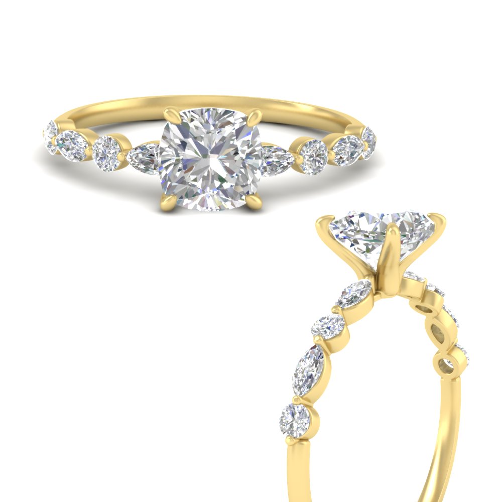 1 Carat Elegant Cushion Cut Diamond Ring with 14K Yellow Gold White Diamond