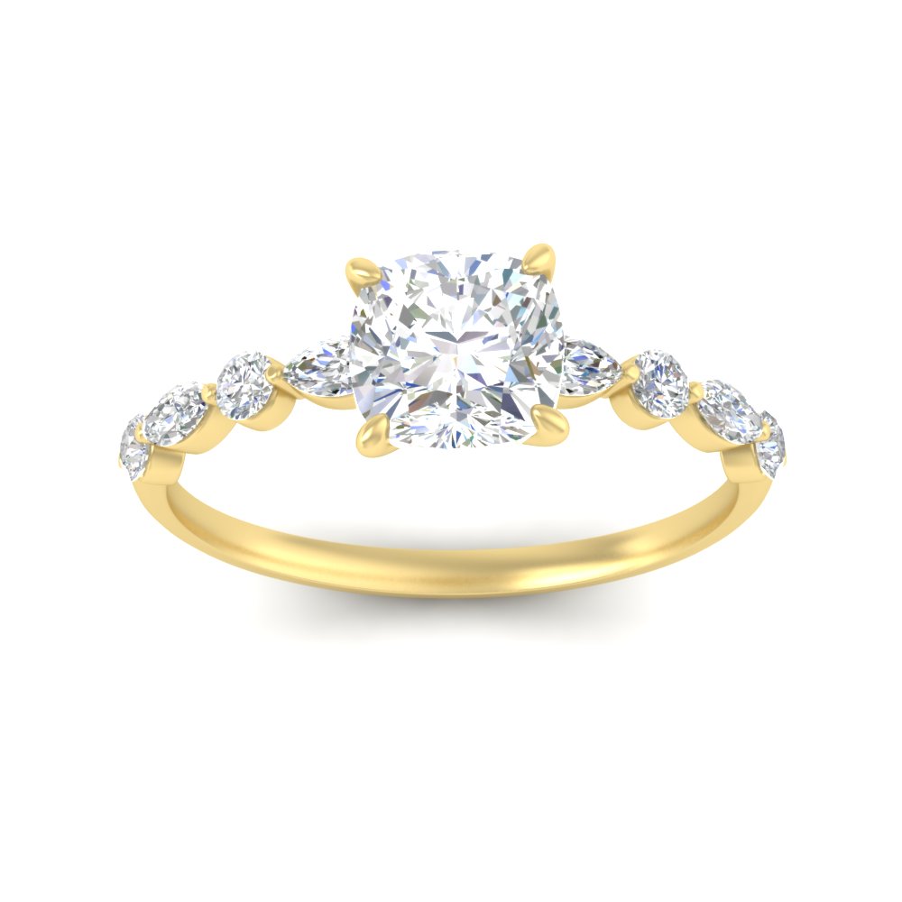 1 Carat Elegant Cushion Cut Diamond Ring with 14K Yellow Gold White Diamond