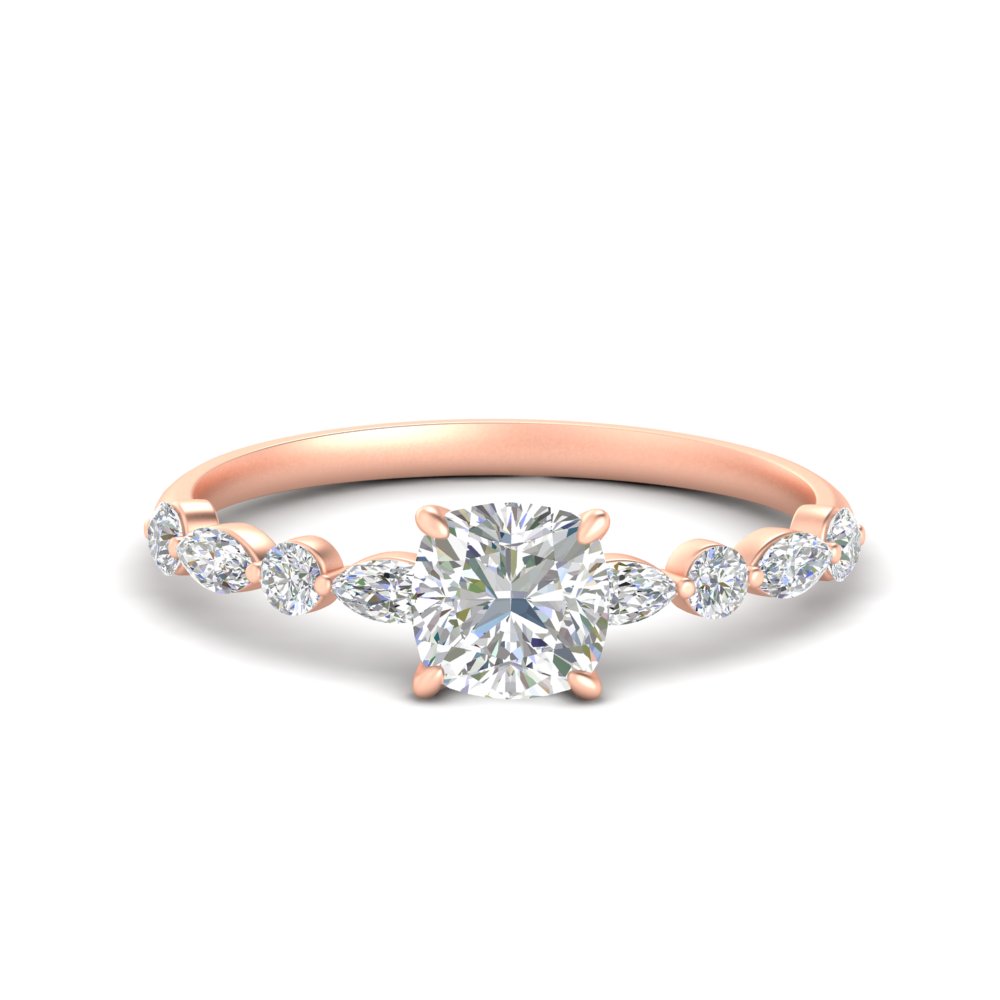 Elongated Cushion Cut Diamond Ring with 14K Rose Gold White Diamond