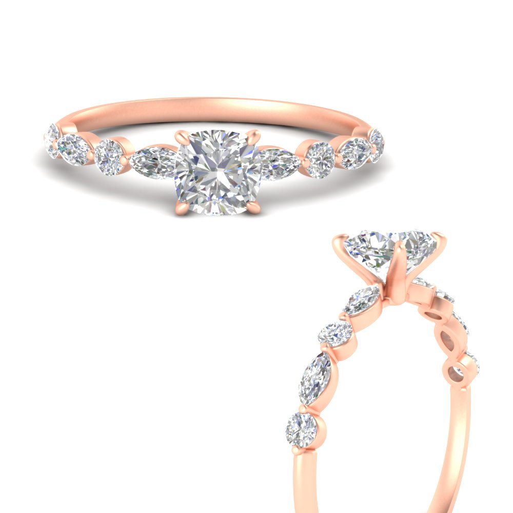 Elongated Cushion Cut Diamond Ring with 14K Rose Gold White Diamond